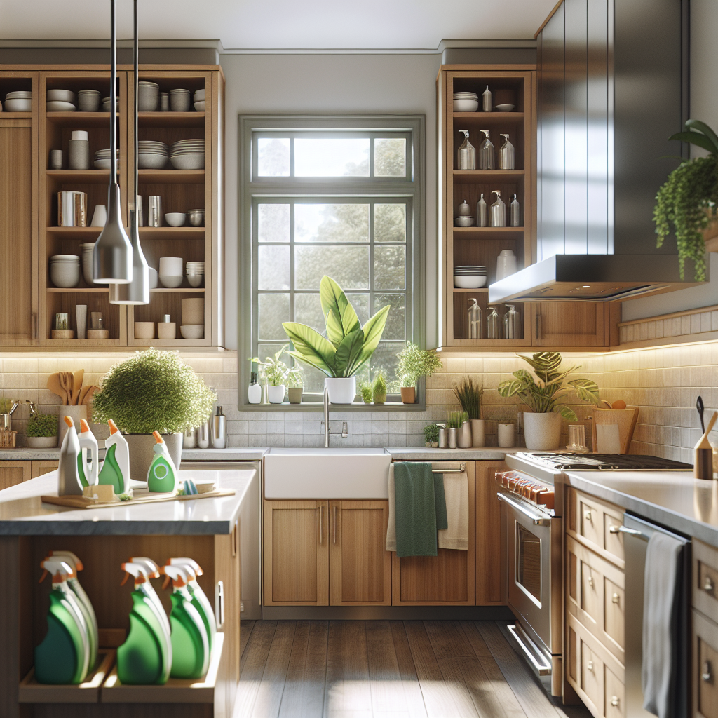 A modern clean kitchen in an Edmonton home, showcasing eco-friendly cleaning supplies and a bright, organized space.