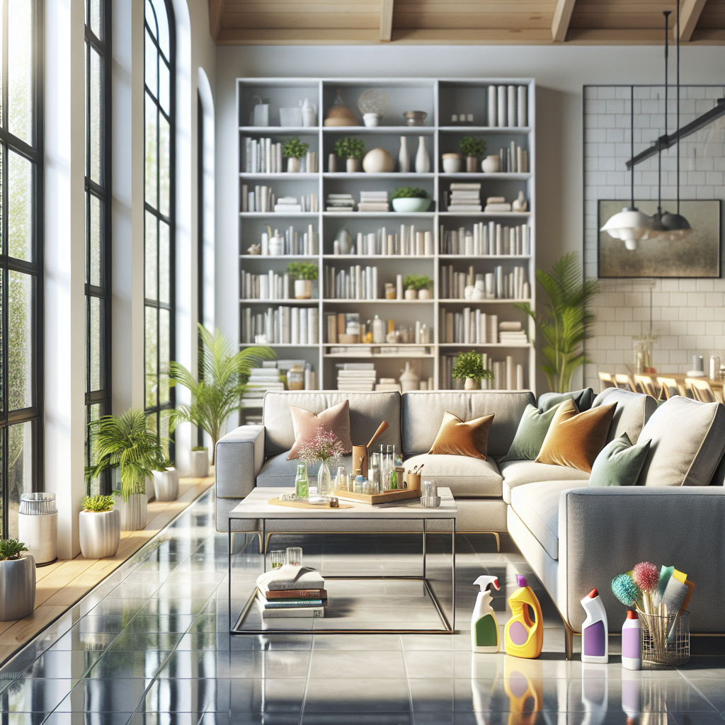 A modern living room interior showing a clean and organized space with natural light.