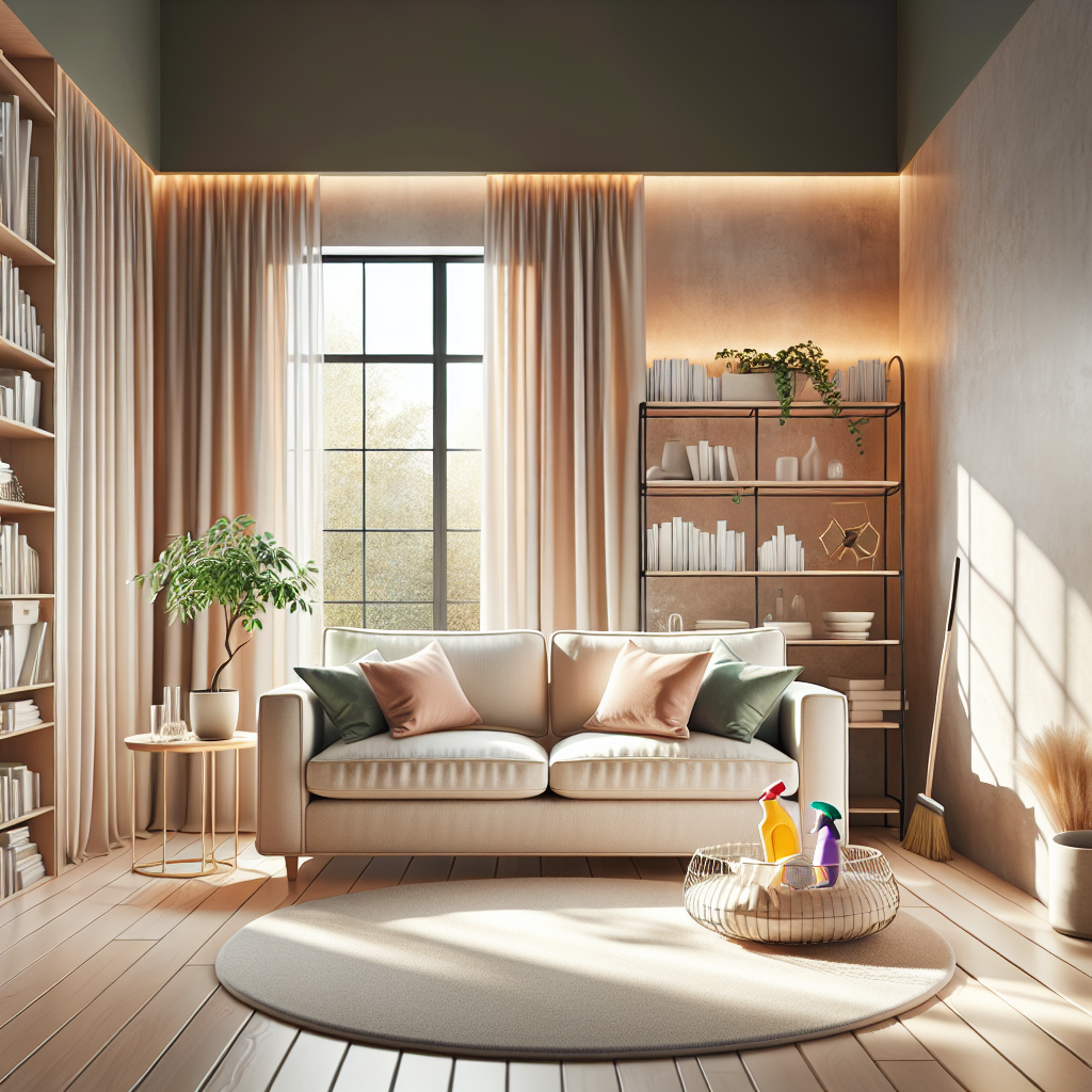 A clean and organized living room in Edmonton showcasing comfort and eco-friendly elements.