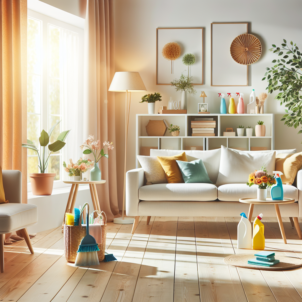 A cozy, clean living room with eco-friendly cleaning products, no people present.