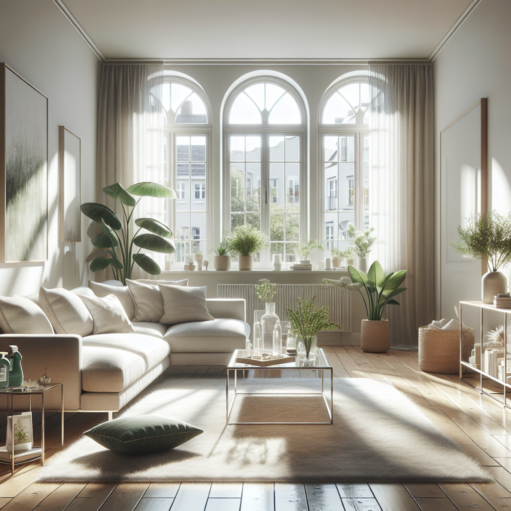 A clean and inviting living room interior with natural light and eco-friendly cleaning supplies.
