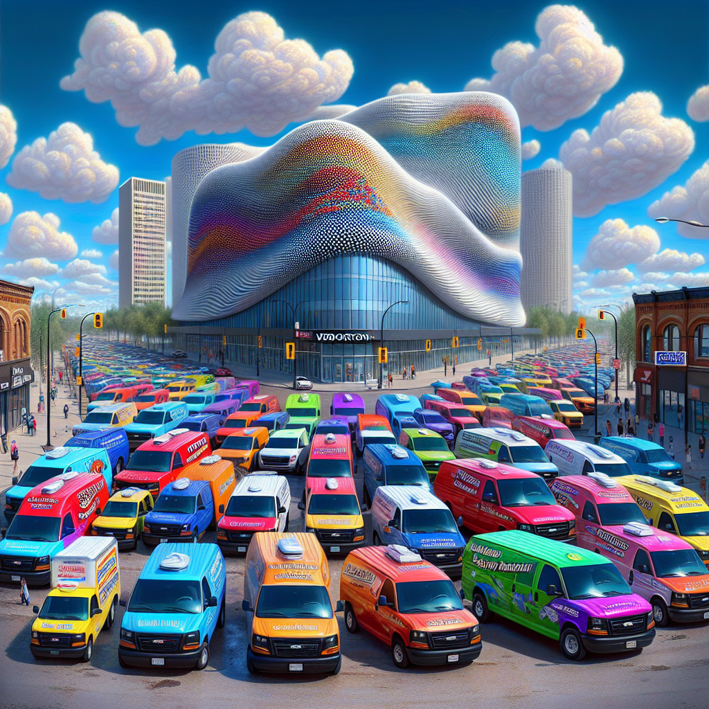 A vibrant urban scene in Edmonton showing cleaning service vans and diverse pedestrians.
