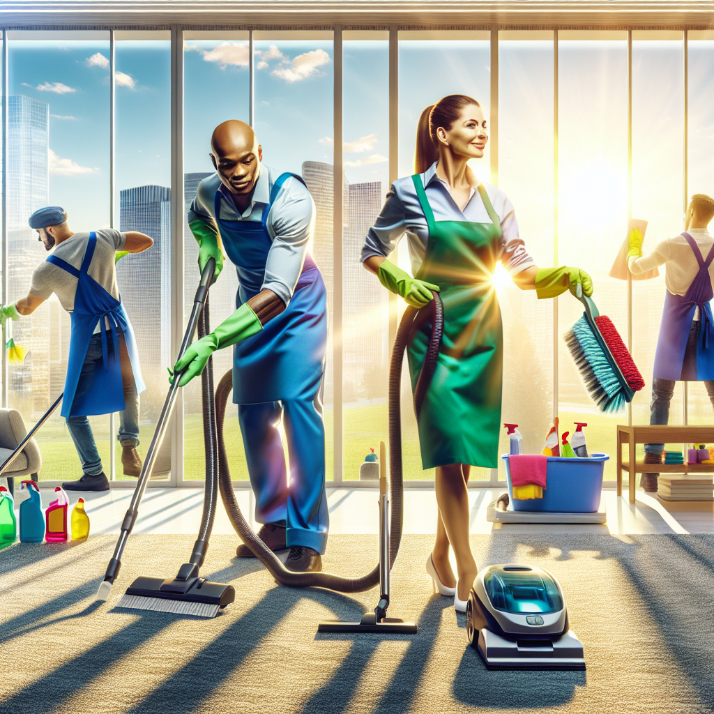A scene depicting various cleaning professionals at work in Edmonton, showcasing a vibrant cleaning service landscape.