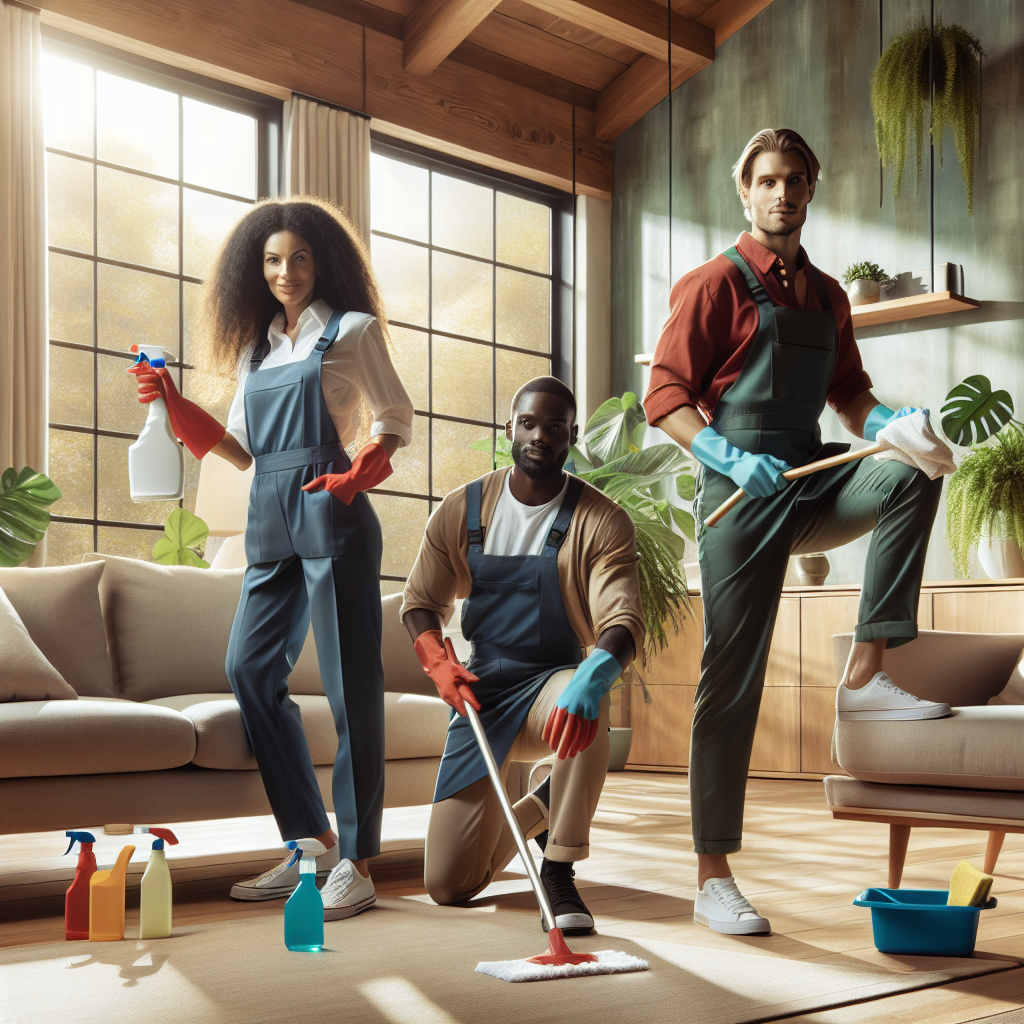 A professional cleaning team working in a bright, organized living room.