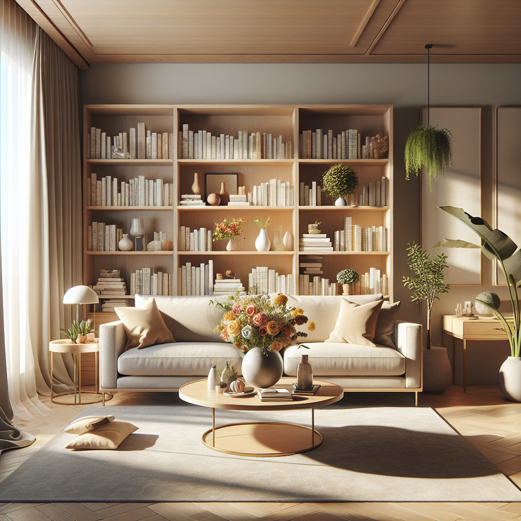 A clean and organized living space with warm lighting and eco-friendly decor.