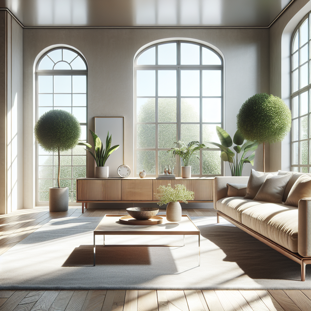A clean and organized modern living room with natural light.
