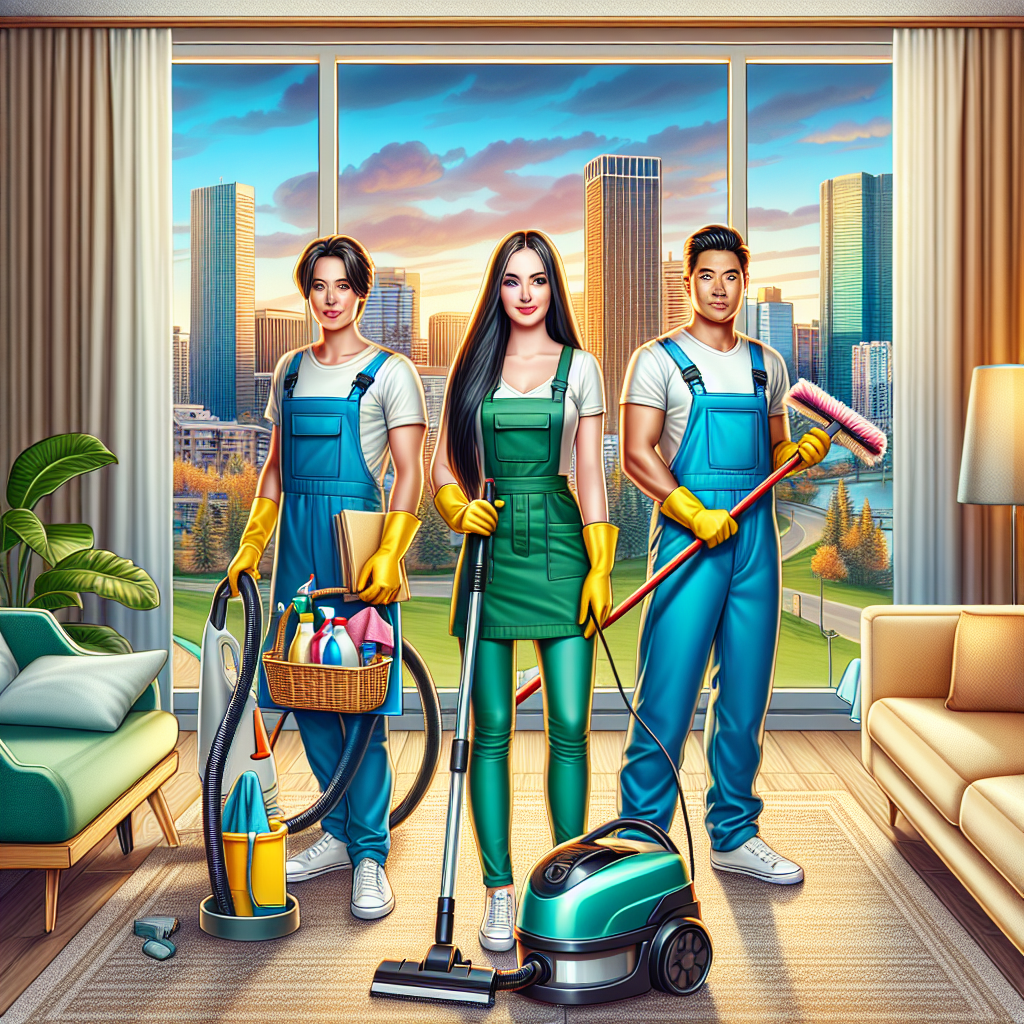 A diverse group of professional cleaners in Edmonton performing their tasks in a cozy apartment.