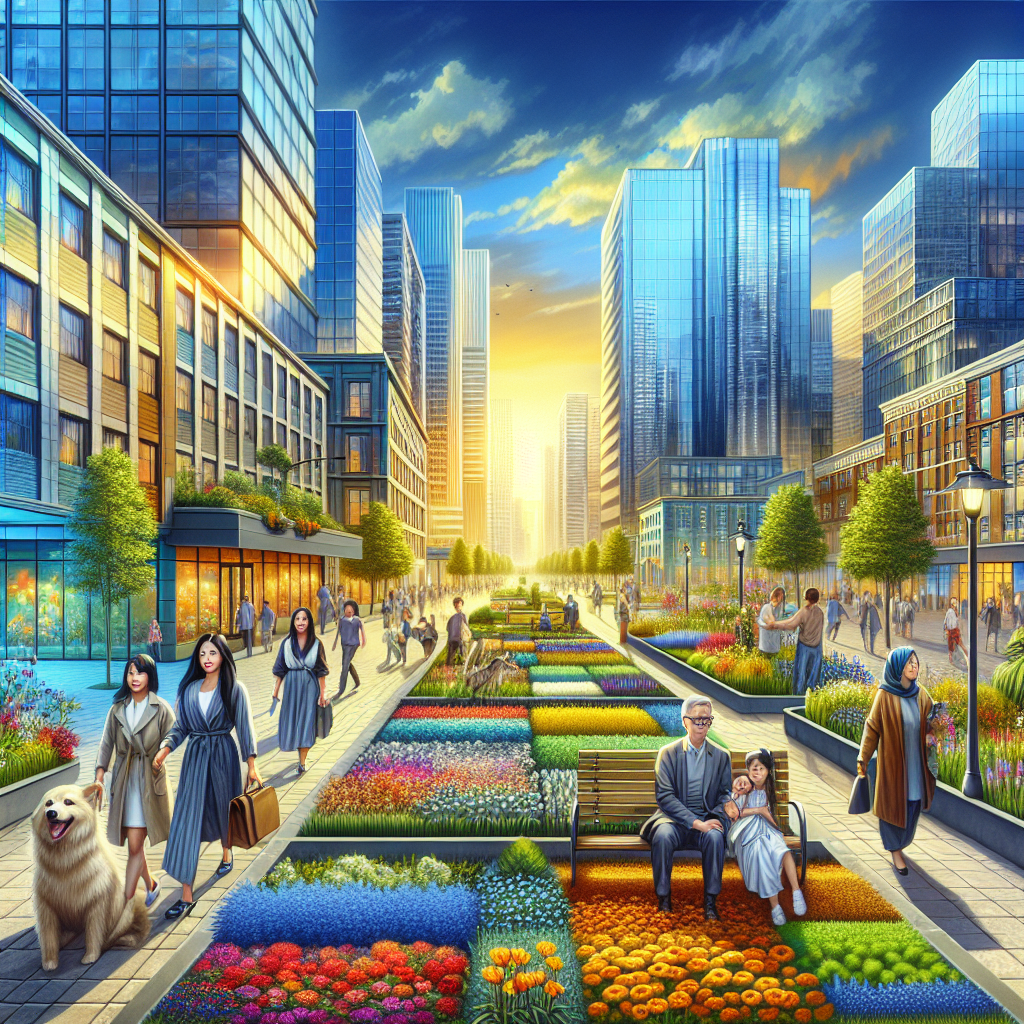 A vibrant scene in Edmonton showing a clean urban environment with people walking, a residential building, and colorful flower beds.