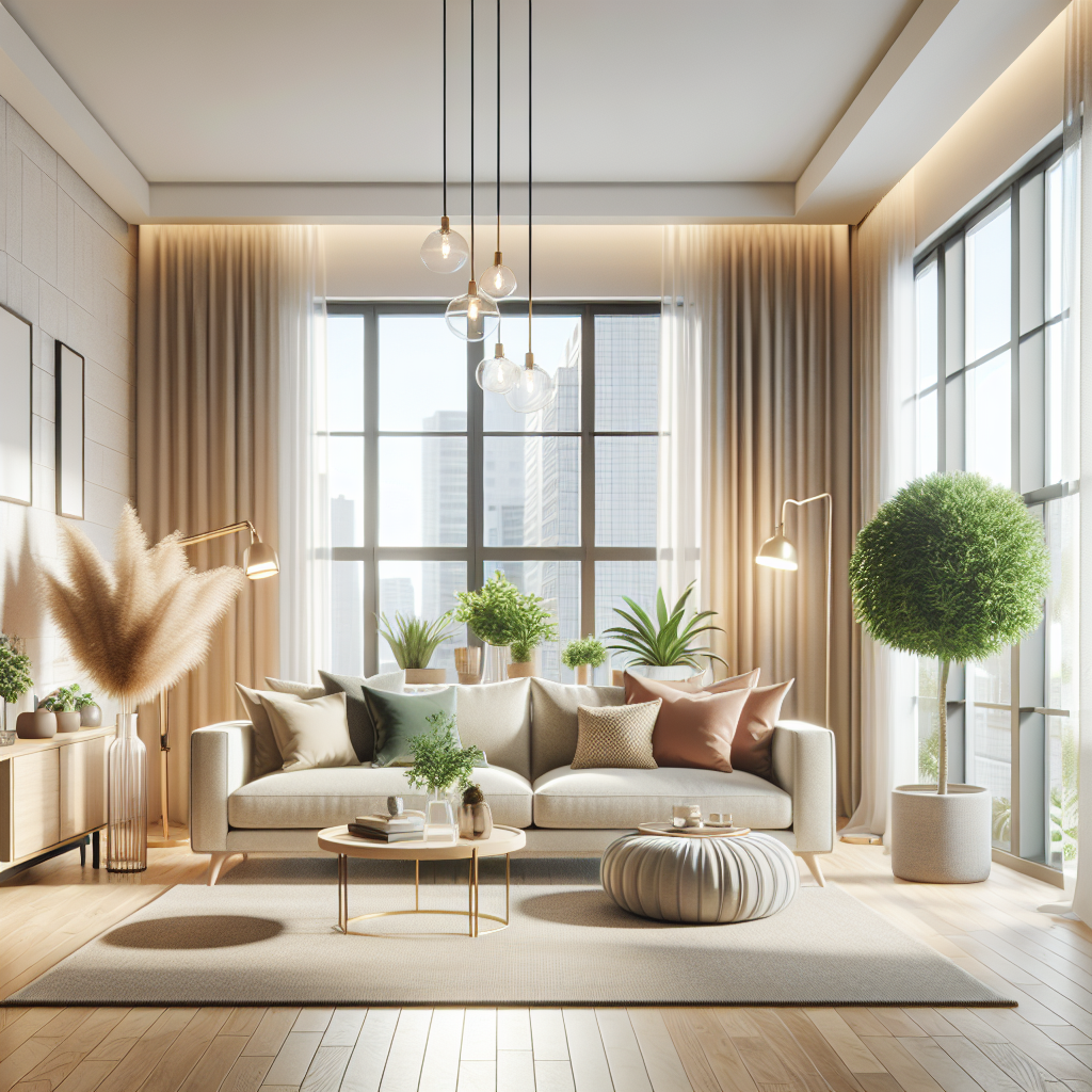 A clean and modern living room interior in Edmonton with natural light, plants, and cozy furniture.