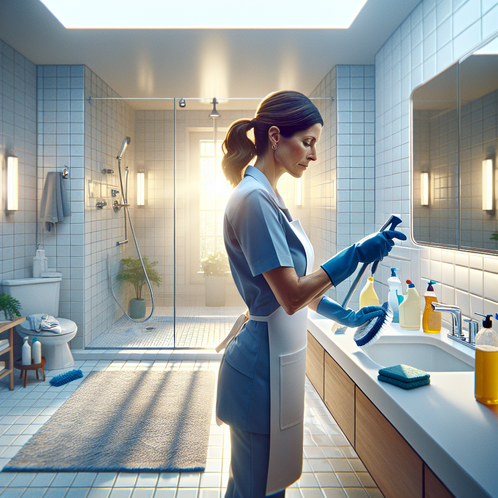 A woman in a blue uniform cleaning a bright bathroom.
