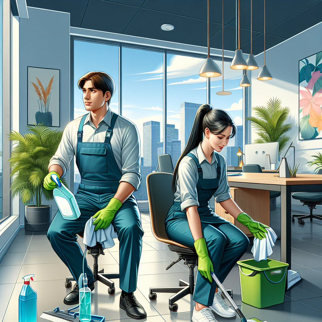 Professional cleaners in an office space, using eco-friendly products.
