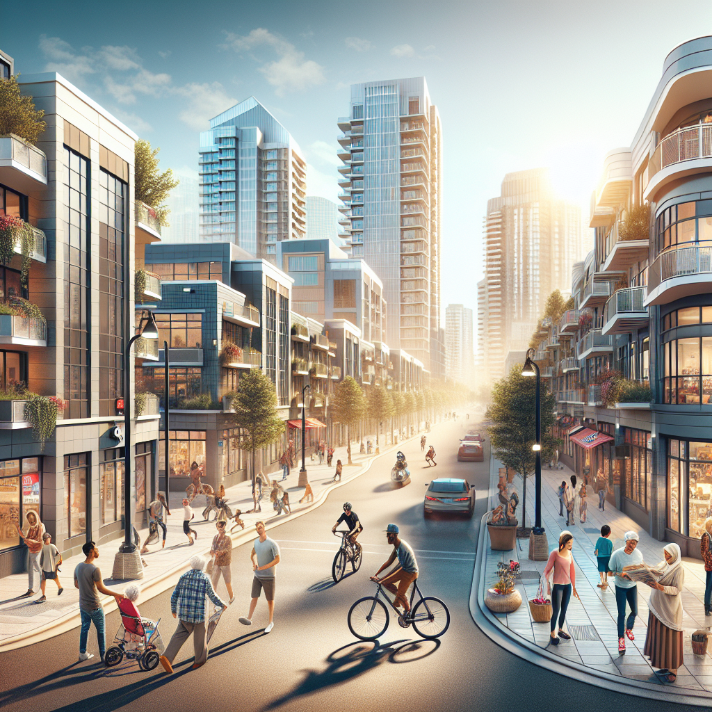 A busy street scene in Edmonton with modern buildings and diverse people interacting.