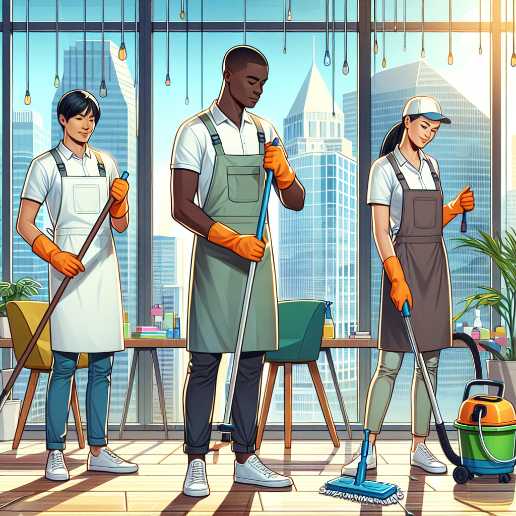 A diverse team of cleaners working in a modern office in Edmonton.