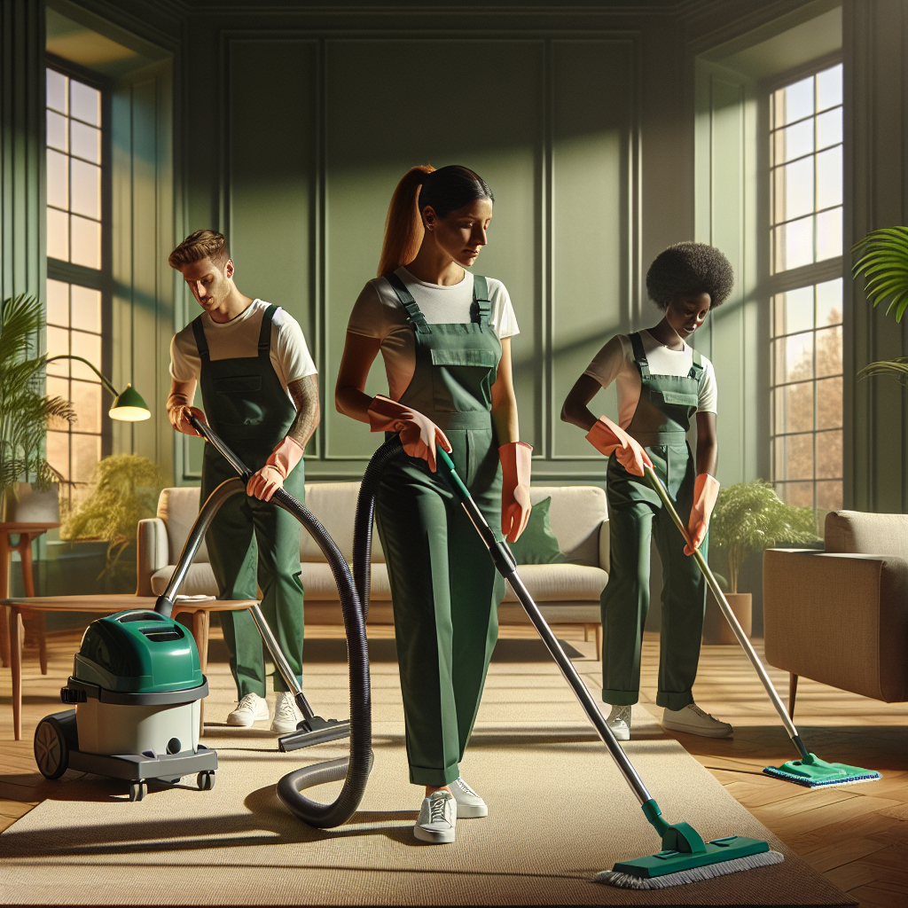A cleaning service team in a modern room, demonstrating professional cleaning activities.