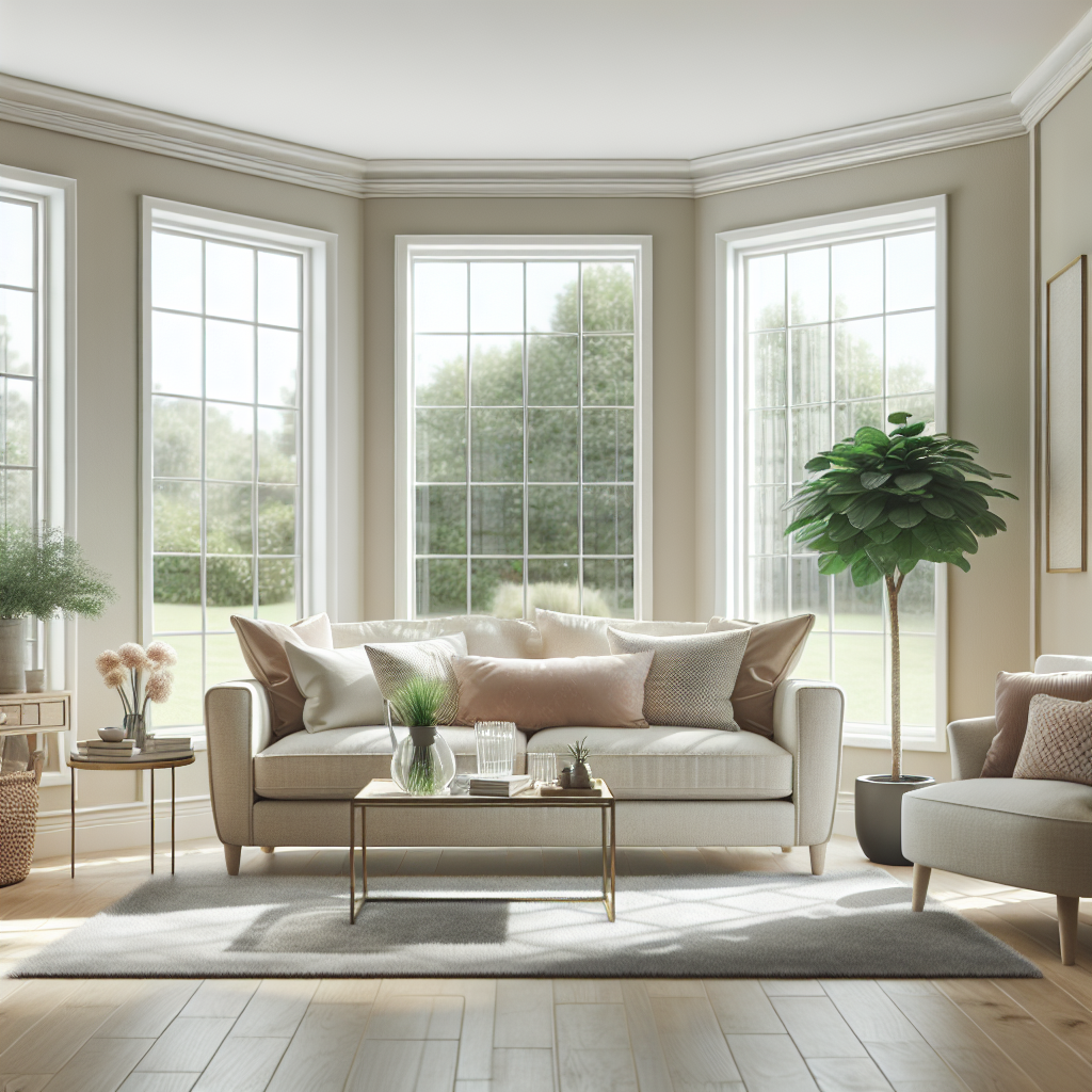 A clean and inviting living room with a sofa, large windows, and a potted plant.