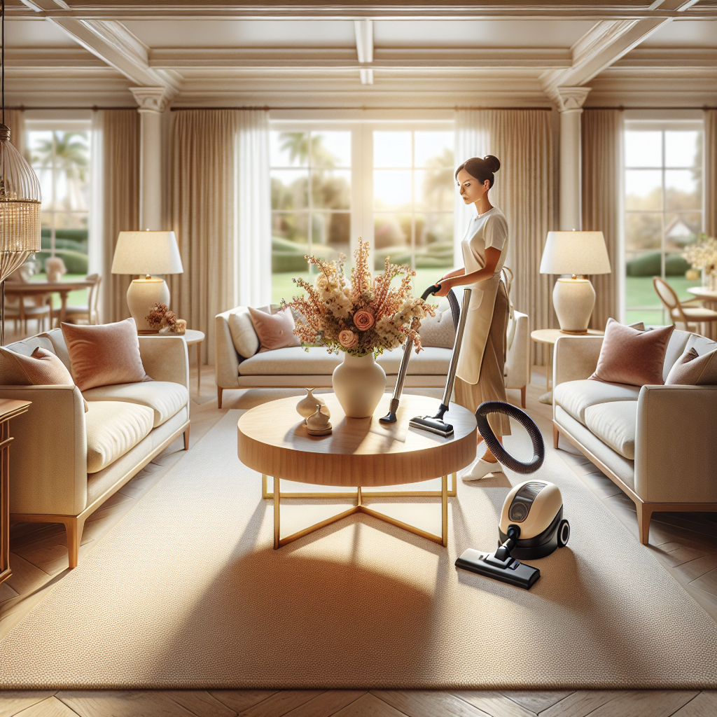 A cozy living room with a cleaning professional vacuuming the floor.