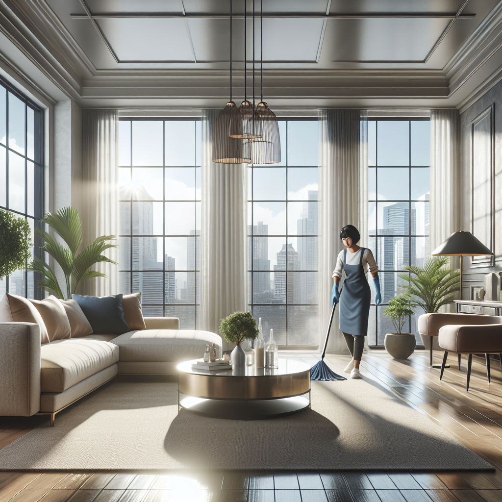 A clean and modern home interior with a professional cleaner at work.