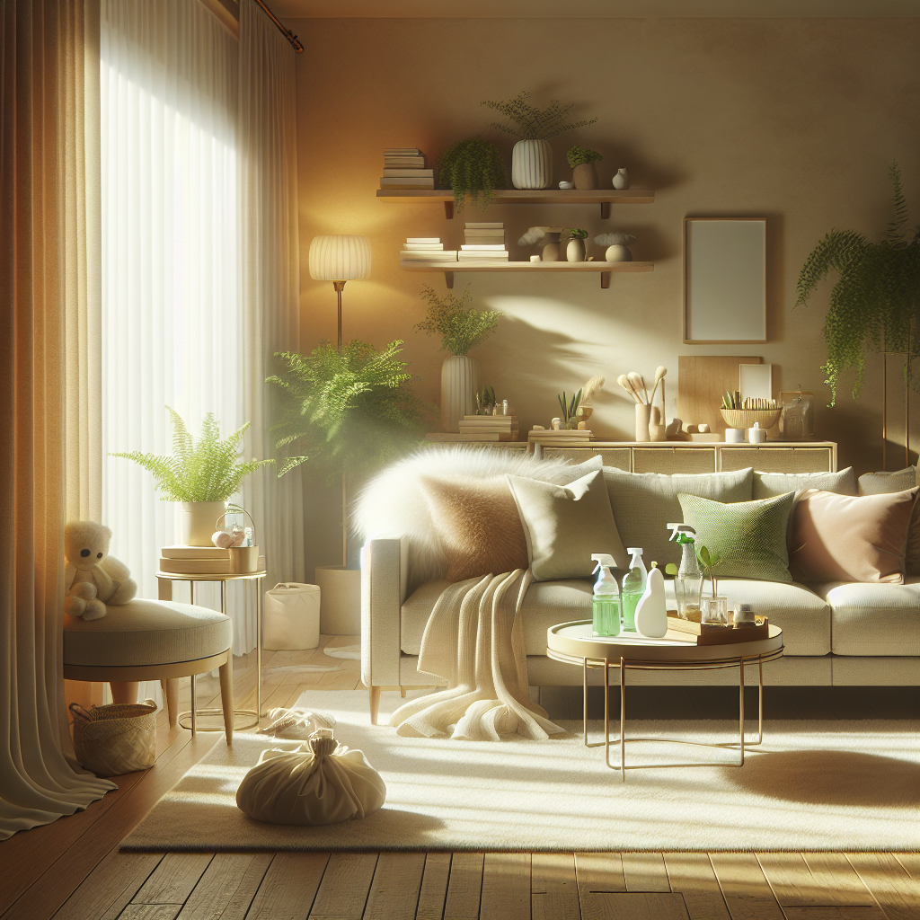 A cozy, clean living room with natural lighting and eco-friendly cleaning supplies.