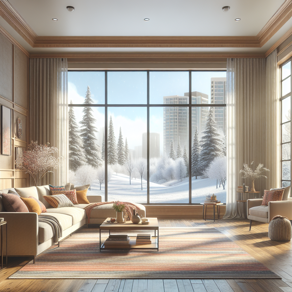 A cozy and clean living room with winter scenery outside the window.