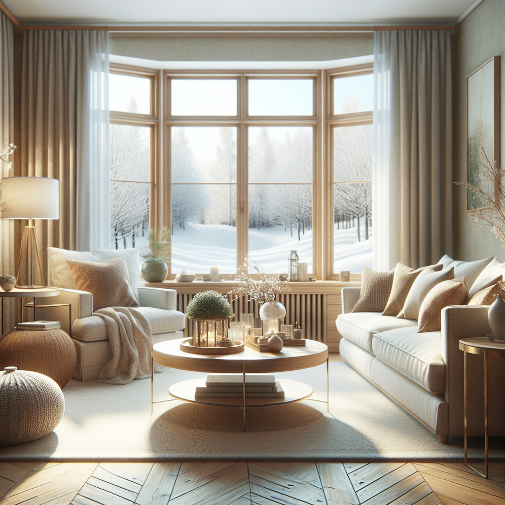 A cozy, clean living room interior showcasing a tidy space in winter.