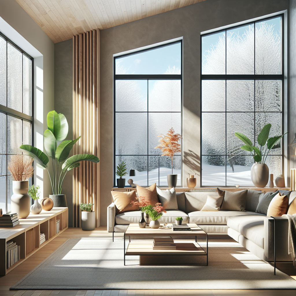 A cozy, clean living room in Edmonton with large windows, snow outside, and vibrant houseplants.