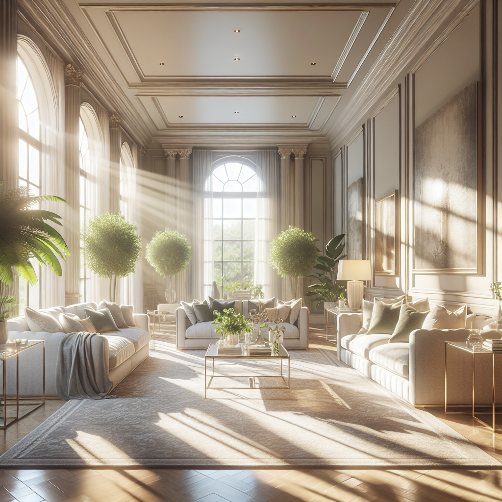A spotless and inviting home interior with sunlight streaming through large windows.