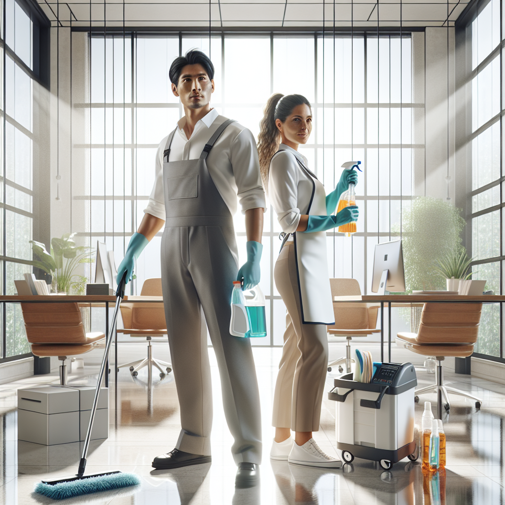 Cleaning professionals in a modern office environment.
