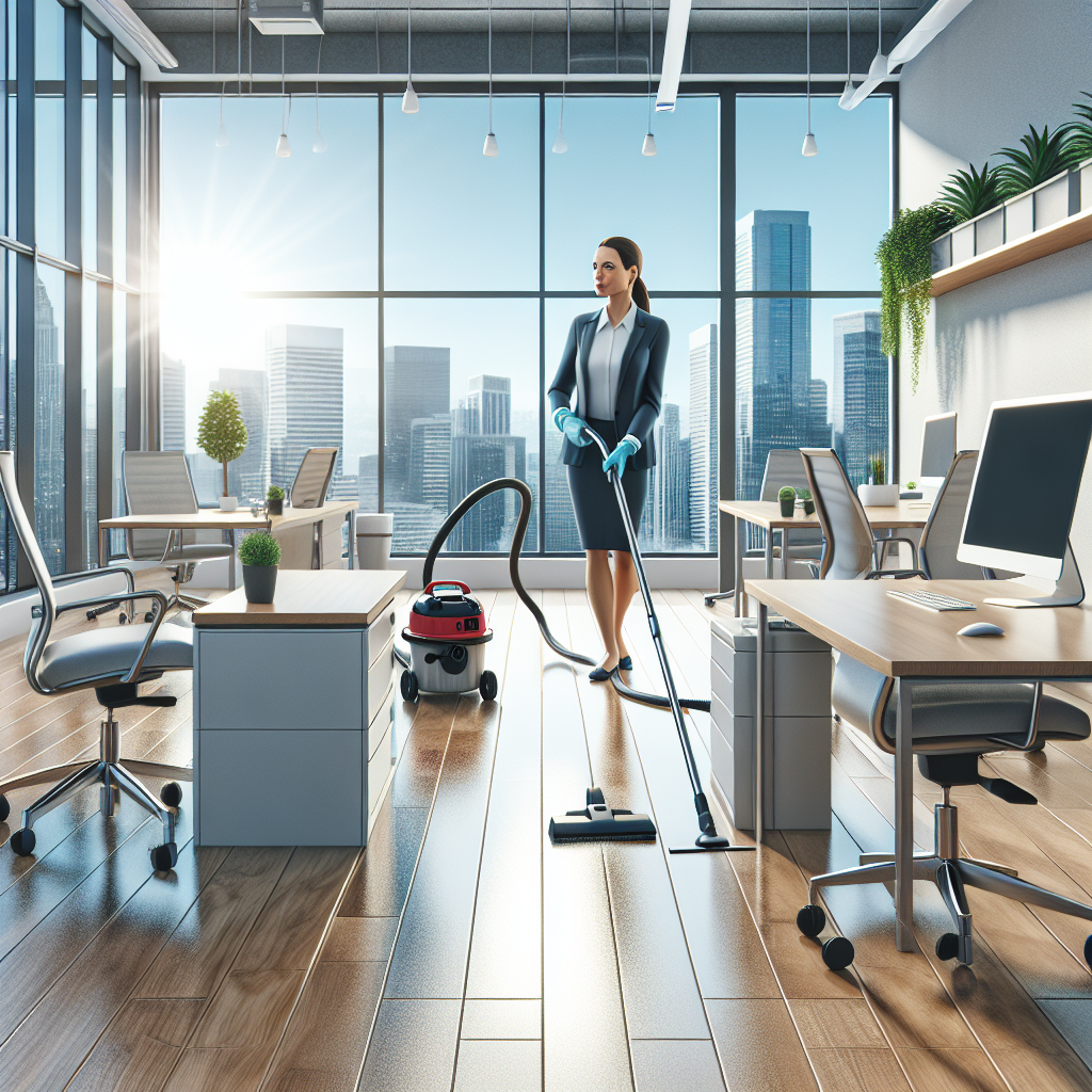 A clean and organized office space with a professional cleaner in action.