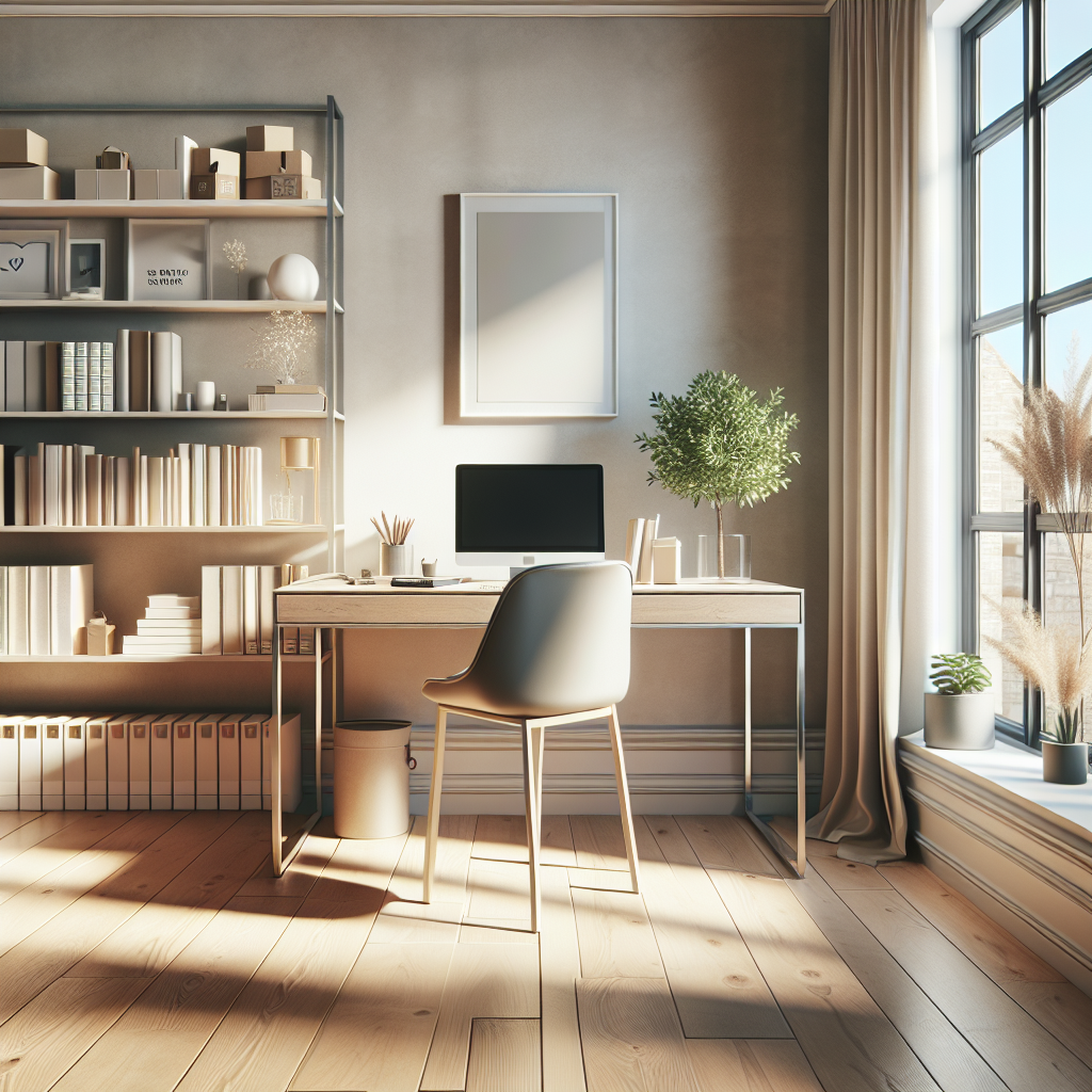 A clean and organized home office with modern furniture and natural light.