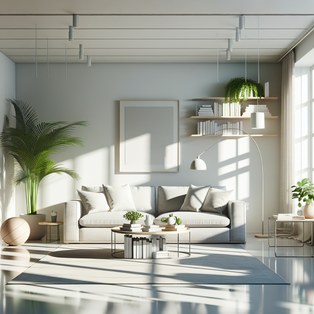 A bright and organized modern living room showcasing cleanliness and serenity.