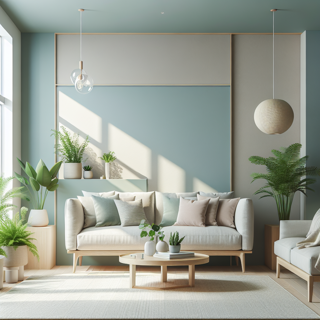 A serene, organized living space with a neat sofa, coffee table, and indoor plants.
