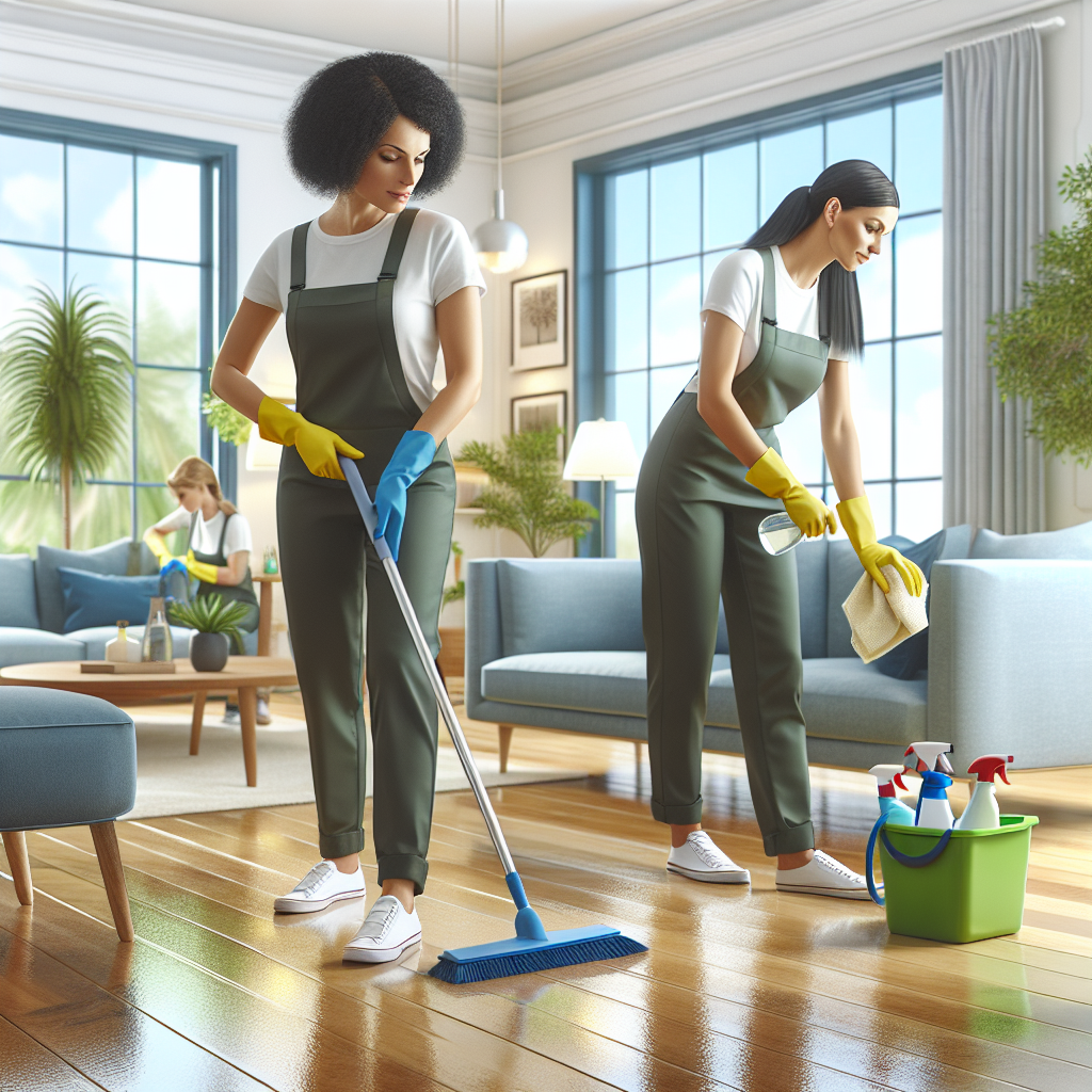 Two professional cleaners in a modern living room using eco-friendly cleaning supplies.