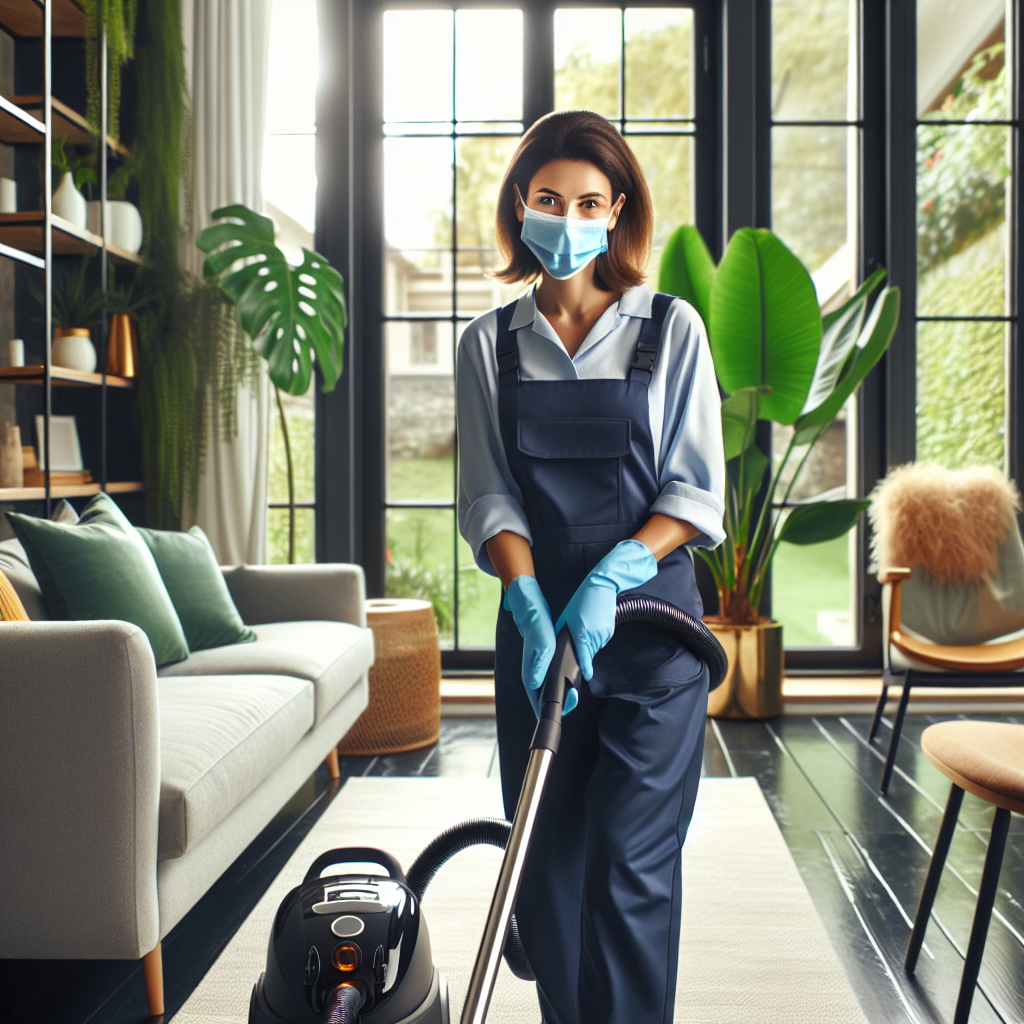 A professional cleaner using an eco-friendly vacuum cleaner in a bright living room.