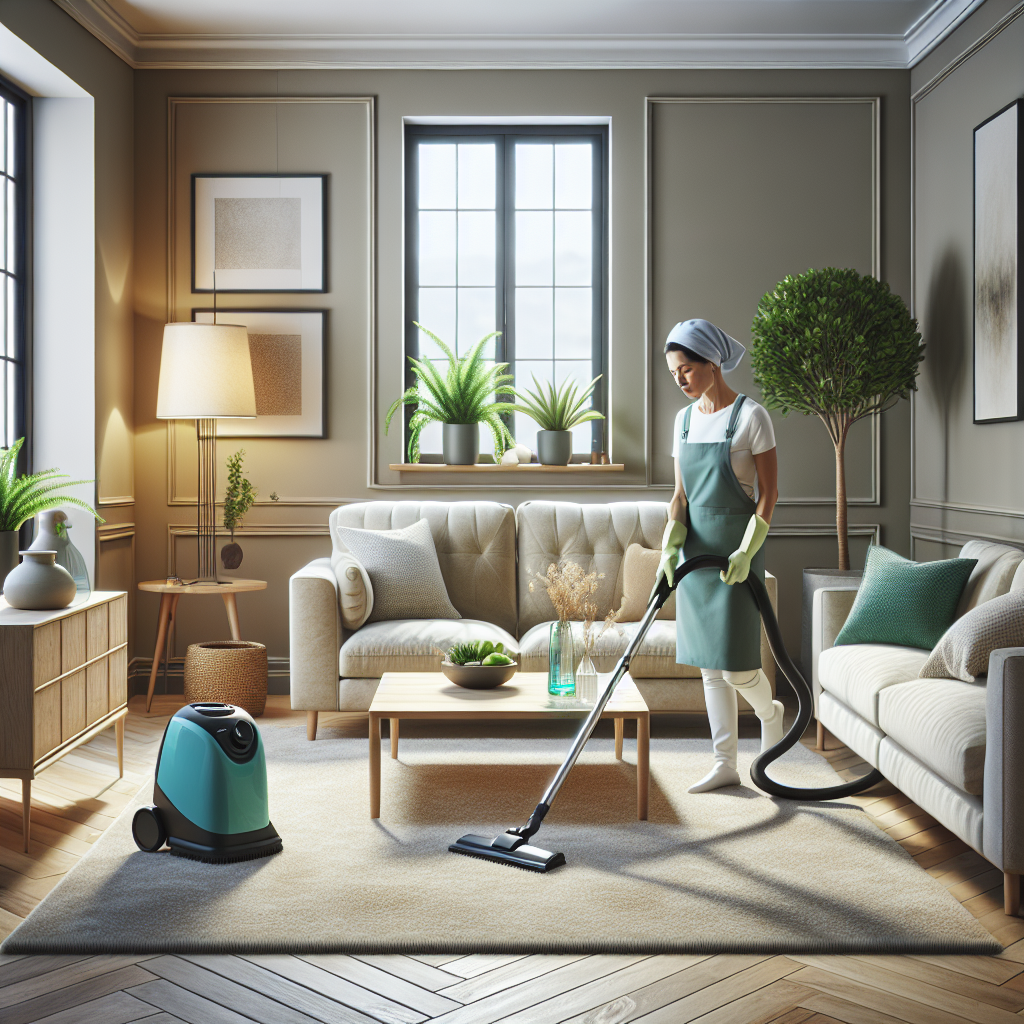 A professional cleaner vacuuming a cozy organized living room.