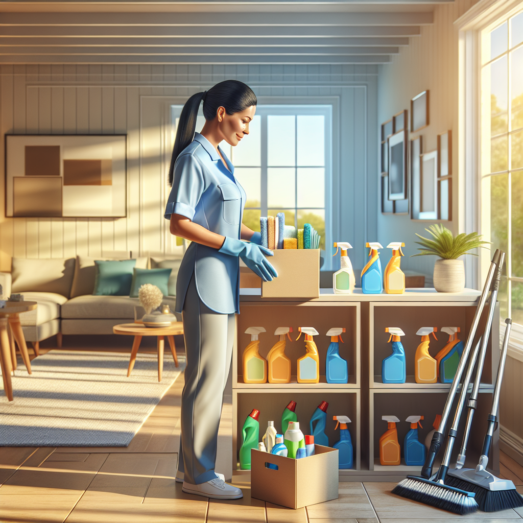 A professional cleaner organizing eco-friendly cleaning supplies in a modern, bright living space.