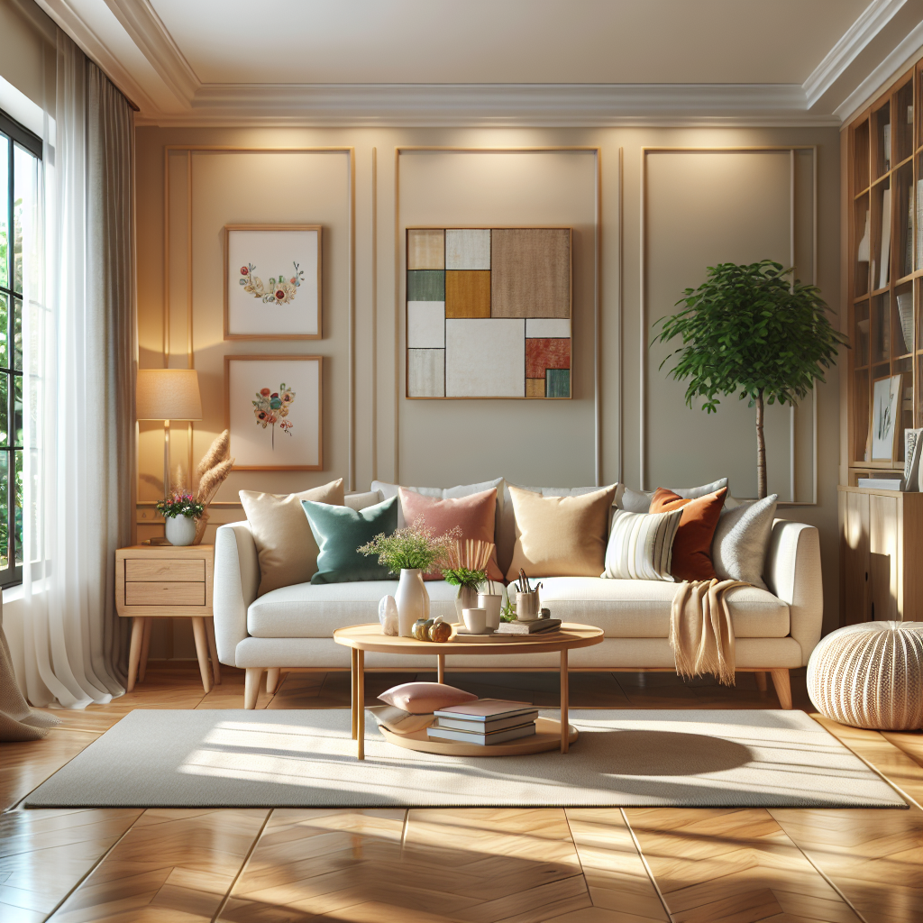 A clean and organized residential living room with cozy furniture and natural light.