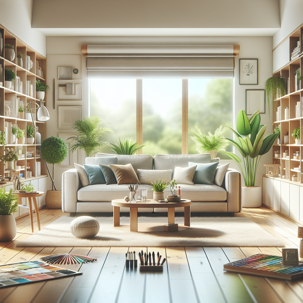 A clean and organized living room with a cozy sofa and bright natural lighting.