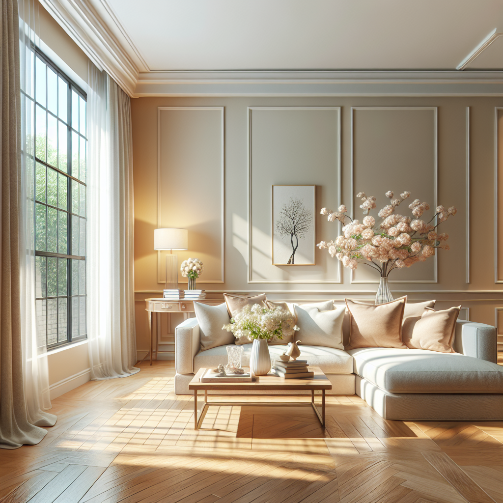 A clean and inviting living room showcasing a cozy sofa, coffee table, and bright natural light.