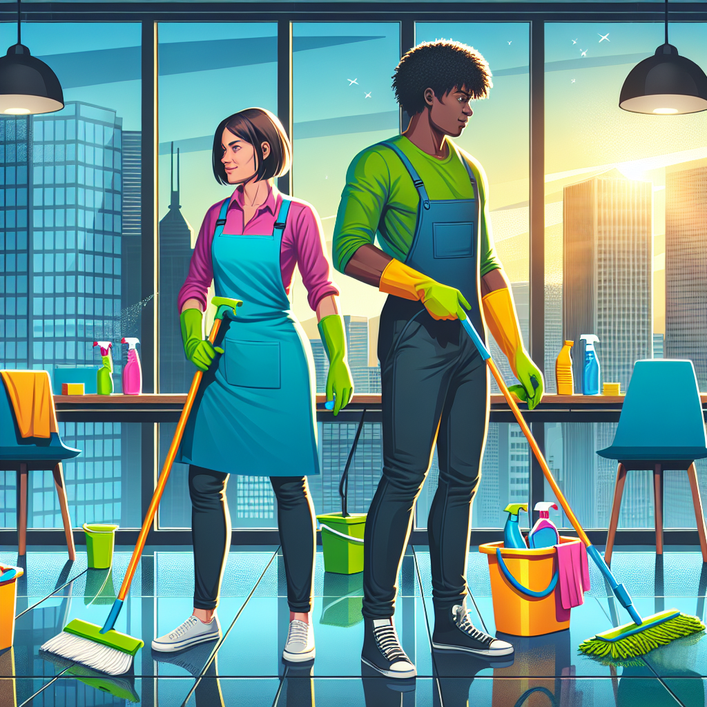 Professional cleaners working in a bright, modern Edmonton office space.