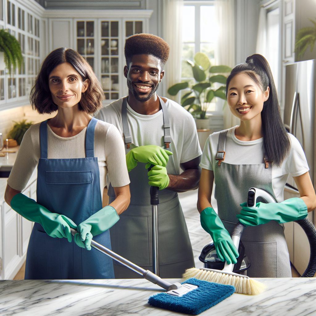 Professional cleaning service team in a bright modern kitchen, cleaning surfaces.