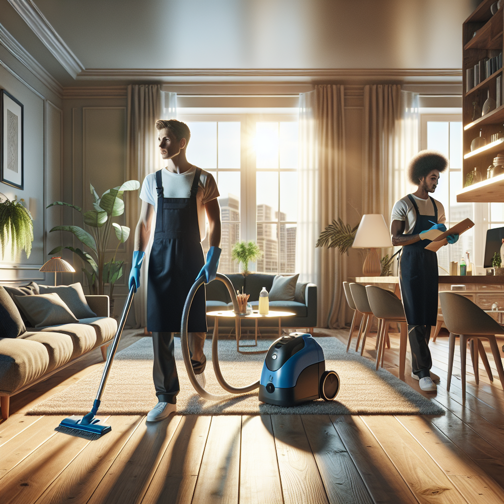 Professional cleaners in action in a bright Edmonton living room.