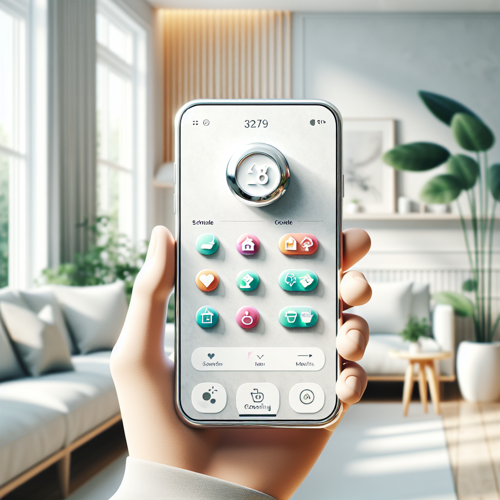 A smartphone showcasing a cleaning house app interface on a white surface in a cozy living room.