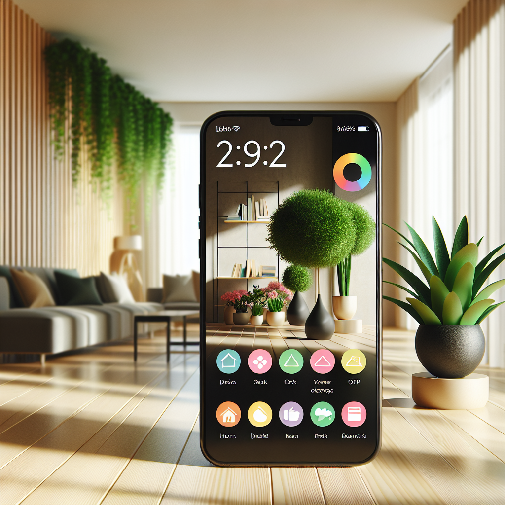 A smartphone showcasing a cleaning house app in a cozy living room.