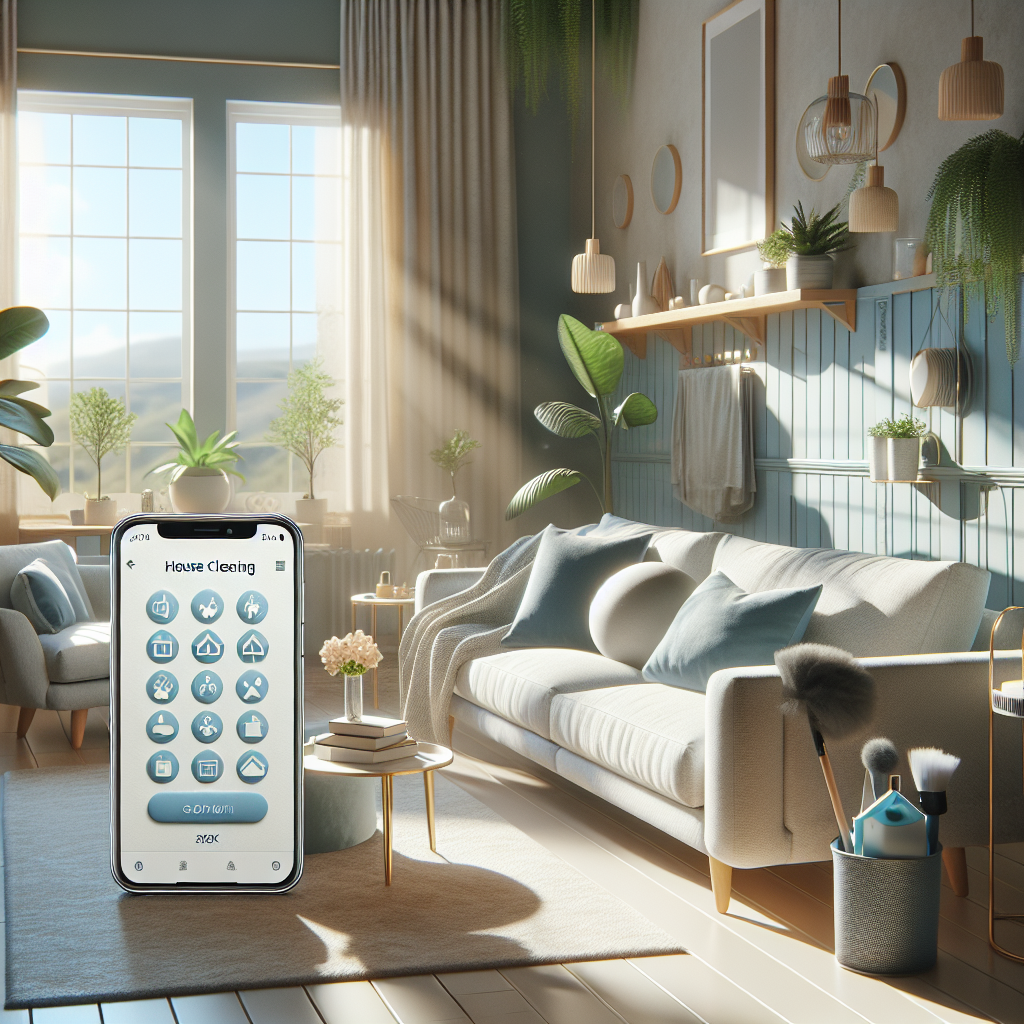 A modern living room with a smartphone showing a cleaning app interface.