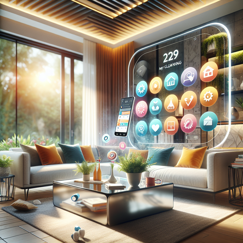 A modern living room with a smartphone displaying a cleaning app on a coffee table.