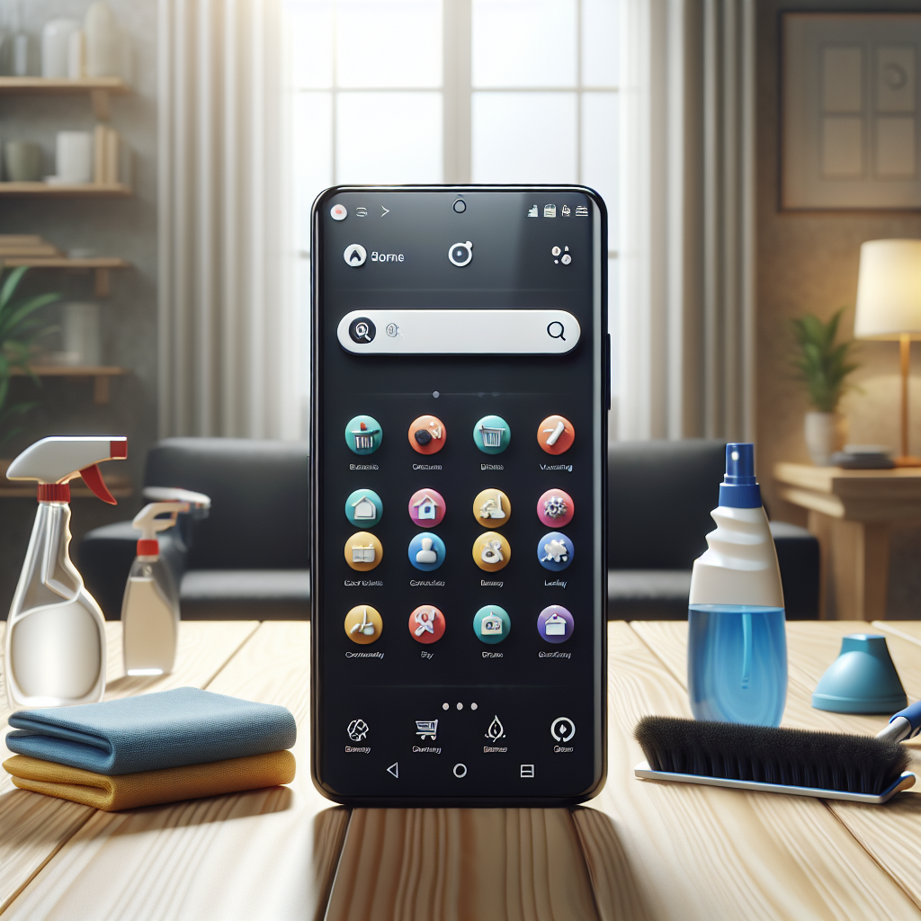 A smartphone displaying a cleaning app on a wooden table surrounded by cleaning supplies.
