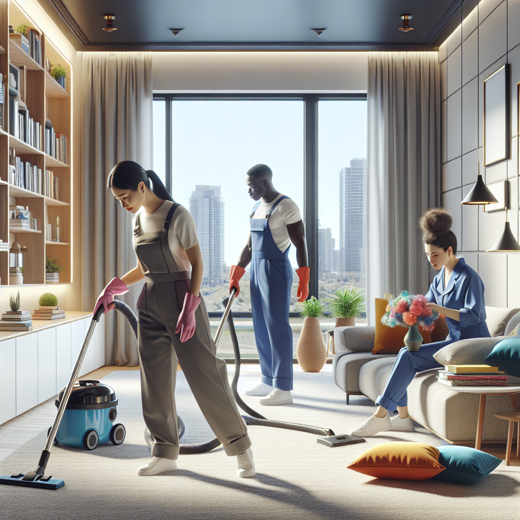 A scene of professional cleaners working together in a modern Canadian home.
