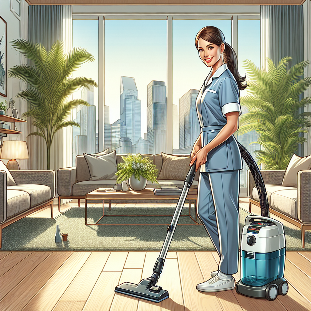 A professional cleaner in Edmonton cleaning a modern living room.