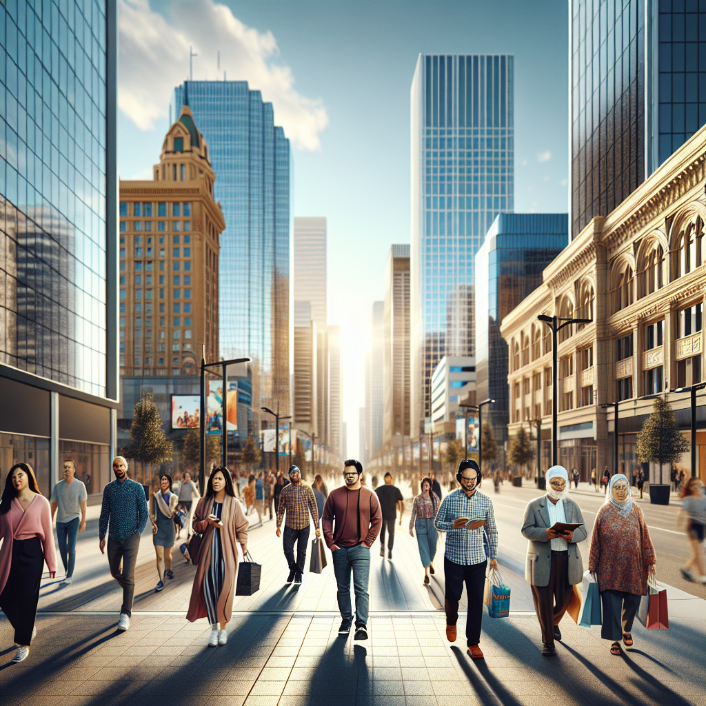 A busy city street in Edmonton with modern buildings and pedestrians.