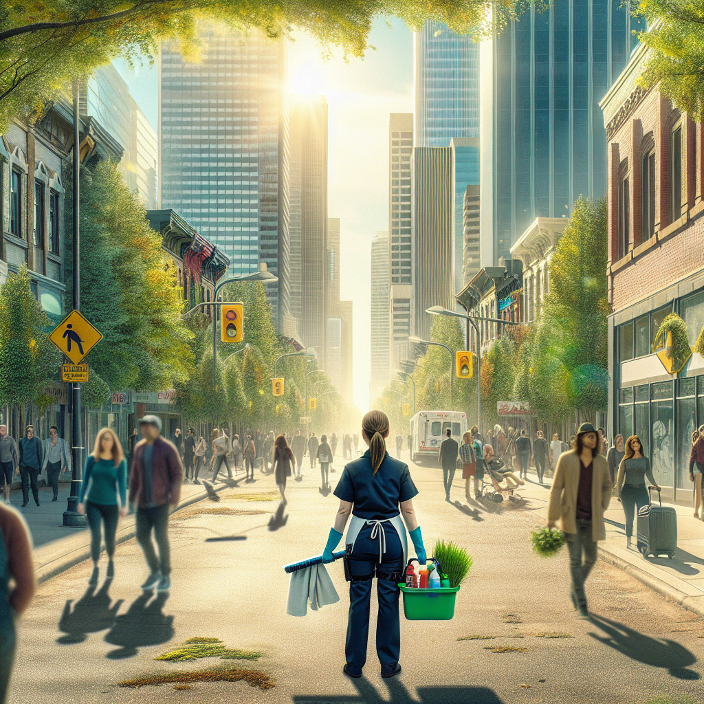 A professional cleaner in Edmonton on a busy urban street, emphasizing cleanliness and organization.